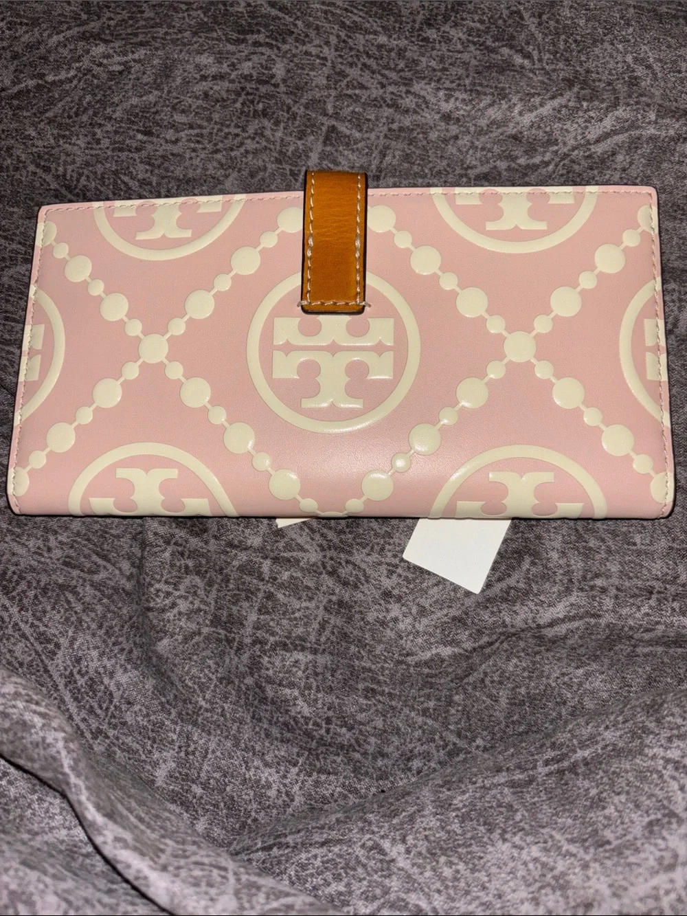 Tory Burch Pink & Cream Logo-Print Leather Card Holder with Tan Snap